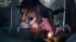 Night Elf mounted and knotted by a wolf in the forest