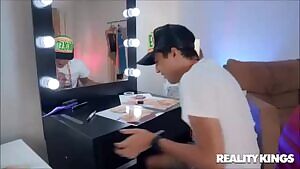 Busty blonde milf Nicolette Shea gives little fan a nice handjob