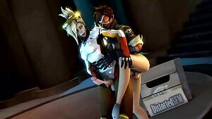 Mercy strokes herself while tracer fucks her from behind