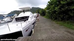 Blowjob near the yacht in the rain