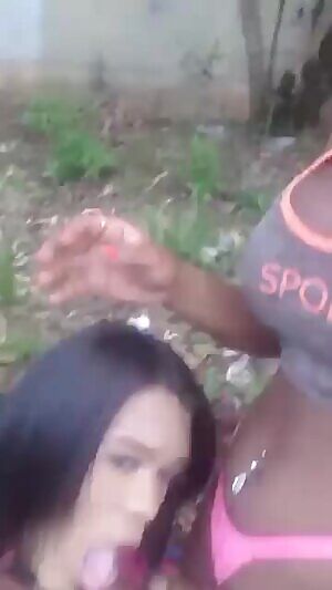 Two tgirls play outside