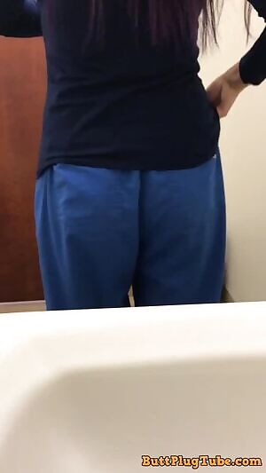 Sexy round bum plugged in purple sheer lace lingerie fullback bikini panties