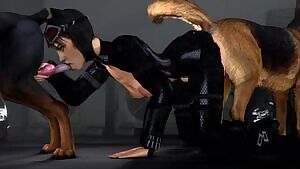 Catwoman between 2 dogs