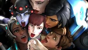Widowmaker, Symmetra, Zarya, D.Va, Pharah and Tracer bursting with anticipation
