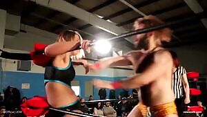 Another pervert wrestler goes straight for the grope before chopping her tits