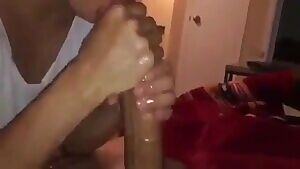 Amateur using both hands and her mouth