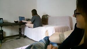 Quiet quick blowjob while sister watches Game of Thrones