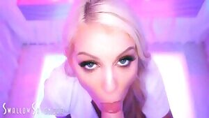 Bombshell cock sucker swallows the load with a smile