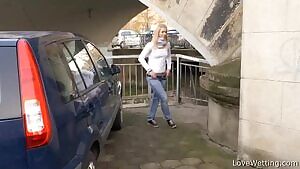 Violeta Squats Down In Public Area