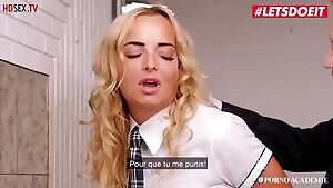 Blonde in uniform substitutes a slit for double penetration and anal