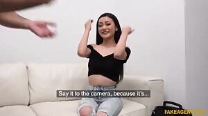 Asian babe fucked on the couch