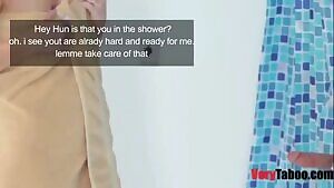 Mommy sucking her son's cock though the shower curtains thinking it was his dad's. although she is pissed, the size of that dick already has her full attention