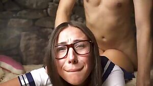 Short school girl skirt, glasses, anal creampie