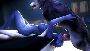 Liara couldn't get enough of her doggy's thick cock. She needed more. So she laid down, her head dangling off the bed, ready for the dog's member. But the dog was enjoying being the dominant one, and decided to show her that.